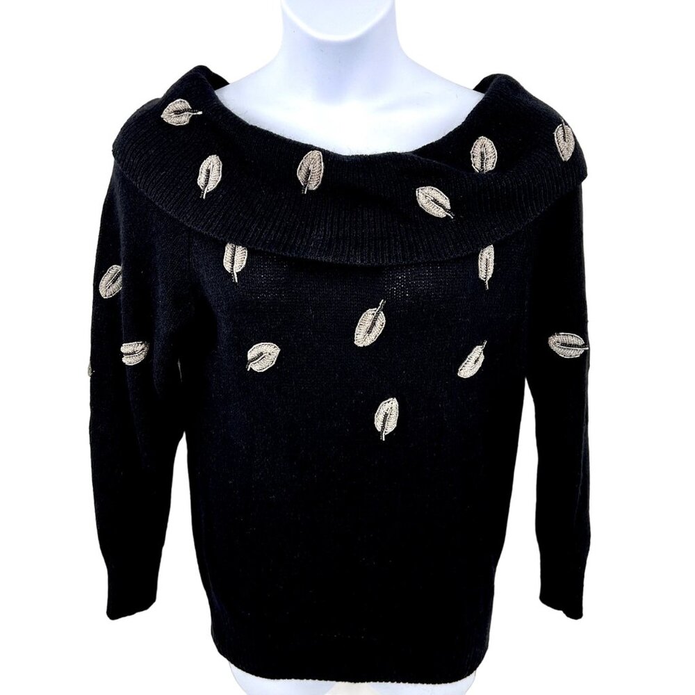 VINTAGE E.M.T. ON/OFF SHOULDER BEADED LEAF SILK ANGORA SWEATER - M